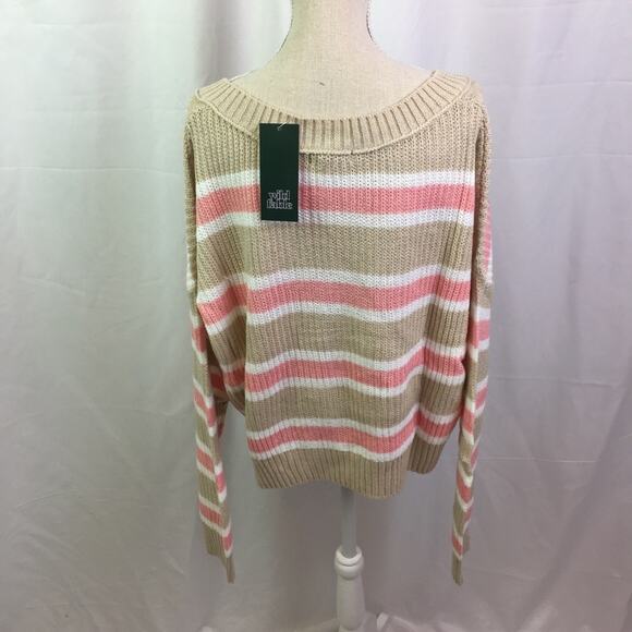 Wild Fable V Neck Striped Knit Sweater Tan Pink L - Picture 7 of 12